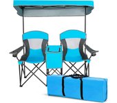 Silla de camping doble con toldo ajustable y desmontable, plegable de 2 plazas con mini mesa, bolsa nevera, 1 bolsillo, 2 portavasos, carga 120kg azul