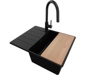 Primagran fregadero granito todo negro 62x50cm, fregadero cocina 1 seno + sifón + accesorios, fregadero sobre encimera al mueble 45cm - copenhague