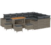 Conjunto de sofás de jardín de 13 piezas con cojines gris de poliratán y acacia, conjunto de comedor de jardín de 4 piezas con cojines gris de polirat