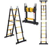 Escalera telescópica 1,9 m + 1,9 m escalera extensible de aluminio negro, escalera extensible antideslizante