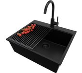 Primagran fregadero granito todo negro 58x50cm, fregadero cocina 1 seno + sifón + accesorios, fregadero sobre encimera al mueble 60cm - oslo