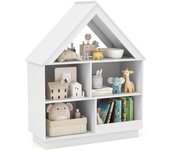Estantería de madera de casa de muñecas, organizador de juguetes en forma de casa de 3 niveles con estantes abiertos, kit antivuelco, librería de