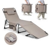 Tumbona plegable con respaldo ajustable en 5 posiciones, almohada extraíble, reposapiés ajustable, tumbona jardín playa piscina (beige)