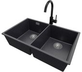 Primagran fregadero granito grafito 76x47cm, fregadero cocina 2 senos + sifón + accesorios, fregadero sobre encimera al mueble 80cm