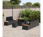 Conjunto de sofá de jardín de 8 piezas con cojines poliratán negro acacia, conjunto de comedor de jardín de 3 piezas con cojines poliratán negro acaci