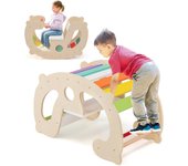 2 en 1 arco de escalada para niños, caballo balancín de madera con respaldo y asiento, juego de aprendizaje para interior para niños de 1 año o más,
