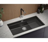 Primagran fregadero bajo encimera grafito 86x47cm, fregadero cocina 1 seno + sifón + enrollable escurridor, fregadero granito al mueble 90cm - prague