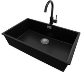 Primagran fregadero granito negro 76x47cm, fregadero cocina 1 seno + grifo 32x20cm + sifón, fregadero sobre encimera al mueble 80cm - london slim