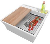 Primagran fregadero cocina blanco 48x53cm, fregadero granito 1 seno + sifón + accesorios, fregadero sobre encimera al mueble 50cm - oslo pocket