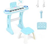 Teclado piano infantil de 37 teclas, teclado electrónico con taburete, atril, micrófono y luz, piano digital de juguete con 8 ritmos y 8 sonidos para