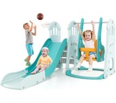 Tobogán infantil 4 en 1, centro de actividades para niños con resbaladilla, columpio, aro de baloncesto y pelota, juguete de resbaladilla