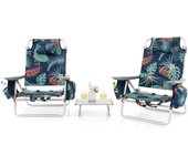 Juego de 2 sillas playa y mesa plegable, silla plegable reclinable con 5 posiciones ajustables, 3 bolsas de almacenaje y almohada, (hoja verde)