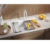 Primagran fregadero cocina blanco 78x50cm, fregadero granito 1 seno + sifón + enrollable escurridor, fregadero sobre encimera al mueble 80cm - oslo