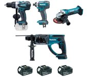 Set de 4 máquinas makita - 3 baterías 18v li-ion 4.0 - taladro ddf458 + amoladora dtd152 + taladro dhr202 + atornillador dga452 - dlx4054mx1