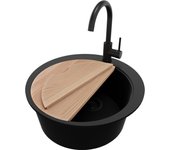 Primagran fregadero granito circular todo negro 53x53cm, fregadero cocina 1 seno + sifón + accesorios, fregadero sobre encimera al mueble 50cm