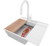 Primagran fregadero granito todo blanco 62x53cm, fregadero cocina 1 seno + sifón + accesorios, fregadero sobre encimera al mueble 45cm
