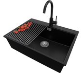Primagran fregadero granito negro 68x50cm, fregadero cocina 1 seno + sifón + accesorios, fregadero sobre encimera al mueble 70cm - oslo