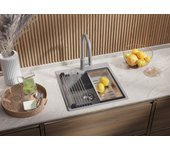 Primagran fregadero cocina gris 48x50cm, fregadero granito 1 seno + sifón + enrollable escurridor, fregadero sobre encimera al mueble 50cm - oslo