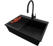 Primagran fregadero granito todo negro 68x50cm, fregadero cocina 1 seno + sifón + accesorios, fregadero sobre encimera al mueble 70cm - oslo
