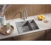 Primagran fregadero cocina gris 56x47cm, fregadero granito 1,5 senos + sifón, fregadero sobre encimera al mueble 60cm - london slim duo