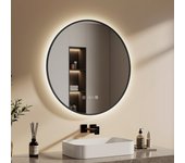Emke espejo de baño con luz led, redondo, diámetro 80 cm, marco negro, interruptor táctil, antivaho, reloj y temperatura, luz neutra