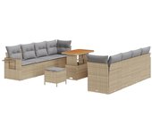 Conjunto de sofás de jardín de 11 piezas con cojines beige de ratán poliéster acacia, conjunto de comedor de jardín de 3 piezas con cojines beige de r