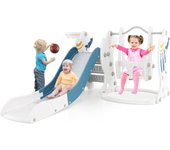 4 en 1 tobogán para niños con dibujo de cohete, resbaladilla y columpio, escalador, aro de baloncesto, tobogán infantil ,18+ meses, carga 30kg