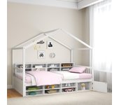 Cama cabaña infantil 90 x 200 cm con zapatero, marco de cama de madera con taquillas y armario, plataforma de láminas de madera, para niños, niñas,