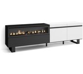 Mueble tv, televisión, 200x35x57cm, para tv hasta 80, chimenea eléctrica, diseño industrial, blanco y negro