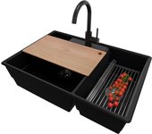 Primagran fregadero granito negro 78x53cm, fregadero cocina 2 senos + sifón + accesorios, fregadero sobre encimera al mueble 80cm - paris