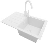 Primagran fregadero granito todo blanco 70x44cm, fregadero cocina 1 seno + sifón + accesorios, fregadero sobre encimera al mueble 45cm