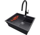 Primagran fregadero granito grafito 56x47cm, fregadero cocina 1 seno + sifón + accesorios, fregadero sobre encimera al mueble 60cm - prague slim