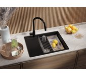 Primagran fregadero cocina negro metallic 62x50cm, fregadero granito 1 seno + sifón + accesorios, fregadero sobre encimera al mueble 50cm