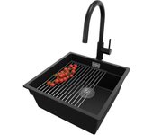 Primagran fregadero bajo encimera negro metallic 46x47cm, fregadero granito 1 seno + sifón + accesorios, fregadero cocina al mueble 50cm - prague