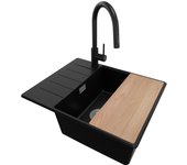 Primagran fregadero granito negro 62x50cm, fregadero cocina 1 seno + sifón + accesorios, fregadero sobre encimera al mueble 50cm - copenhague