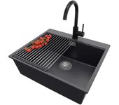 Primagran fregadero granito grafito 58x50cm, fregadero cocina 1 seno + sifón + accesorios, fregadero sobre encimera al mueble 60cm - oslo