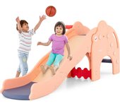 Tobogán infantil 4 en 1 con forma de elefante con cesta de baloncesto y globo, pasos antideslizantes para niños de 1,5-4 años, carga 50 kg, rosa
