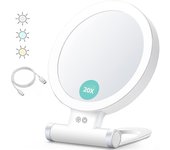 Espejo de aumento con luz, 20x/1x, doble cara, espejo de maquillaje portátil, iluminación de 3 colores, pantalla táctil regulable