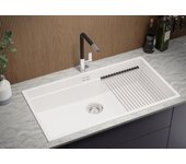 Primagran fregadero cocina blanco 86x47cm, fregadero granito 1 seno + sifón + accesorios, fregadero sobre encimera al mueble 90cm - prague slim