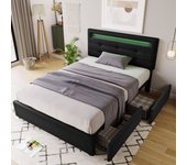 Cama individual tapizada con led y 2 cajones - 90 x 200 cm - cabecero ajustable - somier de lamas de madera - negro - sin colchón