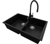Primagran fregadero granito negro 78x50cm, fregadero cocina 2 senos + grifo 40x13cm + sifón, fregadero sobre encimera al mueble 80cm - madrid twin