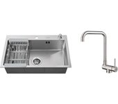 Fregadero cocina cepillado 68x45x19cm con distributador jabón/escurridor cesta+mezclador cocina plegable giratorio 360° agua fría caliente