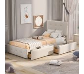 Cama tapizada 90 x 200 cm cama con somier, respaldo y dos cajones, tejido de terciopelo agradable a la piel beige(sin colchón)