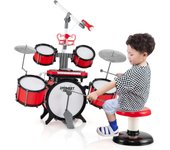 Juego de batería infantil con taburete, batería de jazz juguete musical con teclado de 8 teclas, 1 micrófono, 2 baquetas, conector mp3, instrumento