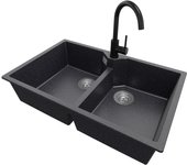 Primagran fregadero granito grafito 78x50cm, fregadero cocina 2 senos + grifo 32x20cm + sifón, fregadero sobre encimera al mueble 80cm - madrid twin