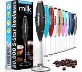 Powerlix batidor de leche de mano a batería, espuma para café, latte, cappuccino, chocolate caliente, con varilla de acero inoxidable (negro)