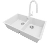 Primagran fregadero granito blanco 78x50cm, fregadero cocina 2 senos + grifo 40x22cm + sifón, fregadero sobre encimera al mueble 80cm - madrid twin