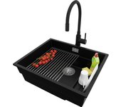 Primagran fregadero bajo encimera negro 56x47cm, fregadero granito 1 seno + sifón + accesorios, fregadero cocina al mueble 60cm - prague