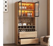Vitrina de madera con puertas de cristal e iluminación led, 180 cm, mueble de almacenaje con compartimentos para baño, cocina y salón