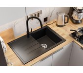 Primagran fregadero cocina negro 78x50cm, fregadero granito 1 seno + sifón, fregadero sobre encimera al mueble 45cm - milano